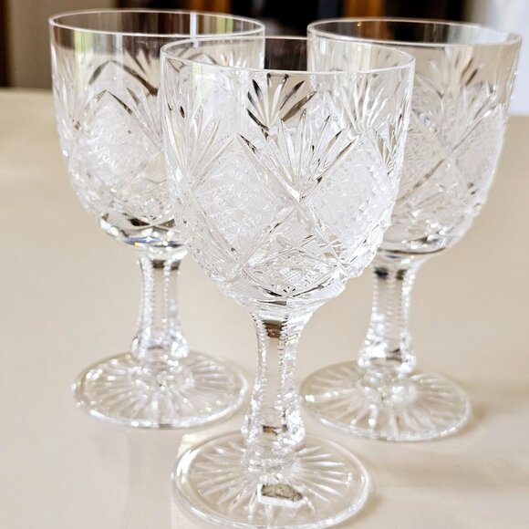 3 Kusak Cut Glass Liquor Cocktail Glasses 4.75" 4oz vtg signed daisy fan Bohemia - Picture 1 of 9